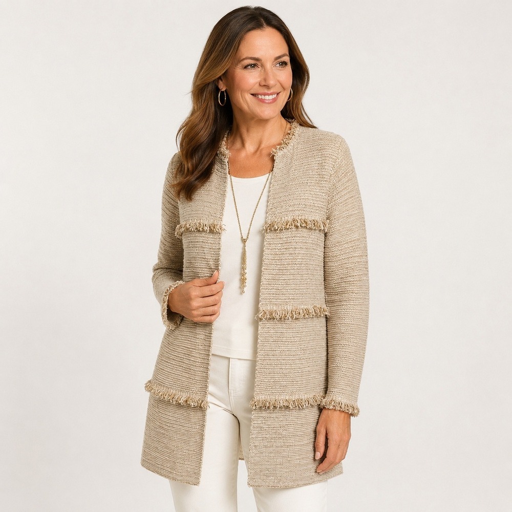 Chicos Womens Fringe Trim Open Front Knit Cardigan Size Medium Metallic Beige